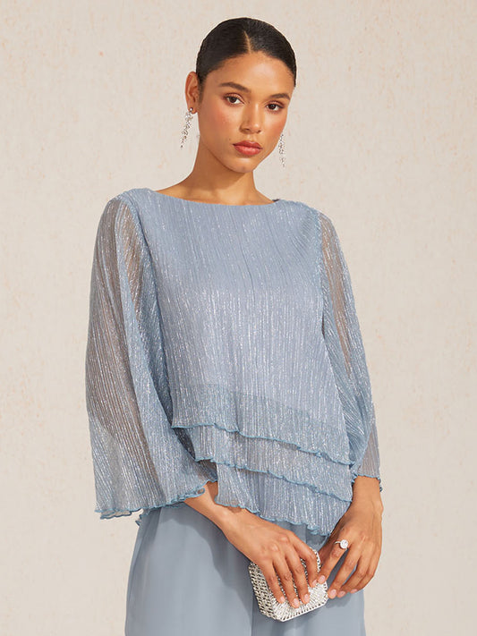 Metallische Geplooide Chiffon Asymmetrische Gelaagde Blouse