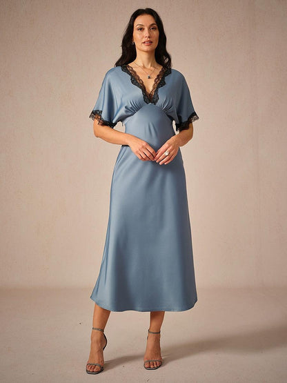 Satin-Lace-Trim-V-Neck-Dusty-Blue-Dress-Blue-S16484428