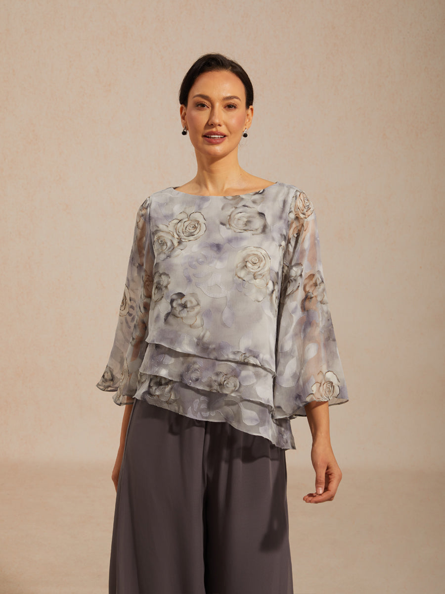 Blouse en Chiffon à Volants Superposés avec Imprimé Floral
