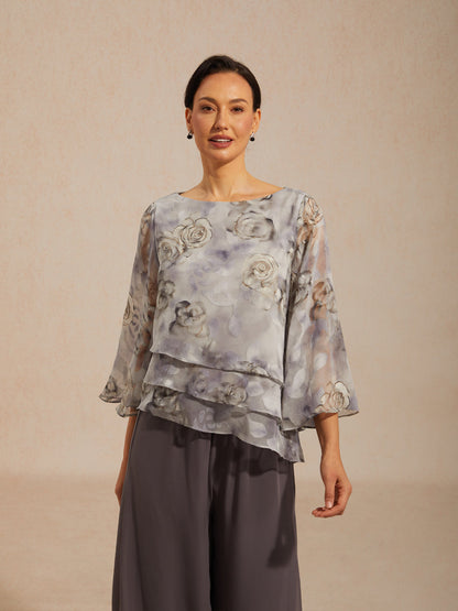 Blouse en Chiffon à Volants Superposés avec Imprimé Floral
