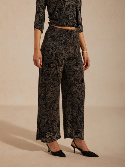 Paisley Straight Leg Knit Pants with Subtle Sequin Detail