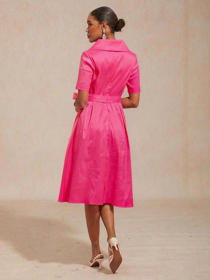 Collar Stretch Taffeta Dress with Tie Waist Belt