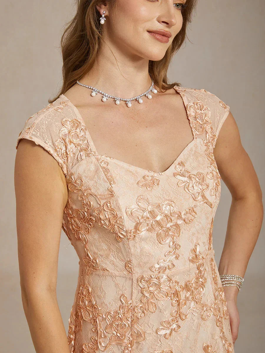 Rosette Lace Cap Sleeve V-neck Mermaid Gown