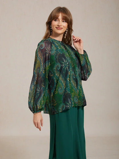 Paisley Chiffon Peasant Blouse with Long Lantern Sleeves