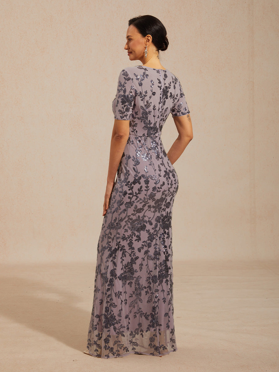 Floral Sequin Stretch Mesh Short Sleeve Dress