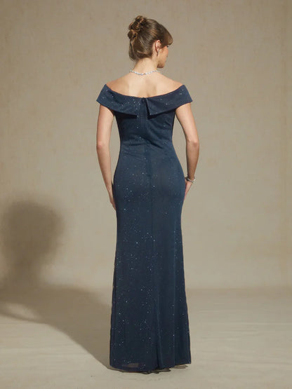 Off-Shoulder Floor-Length Gown with Rhinestone Detail