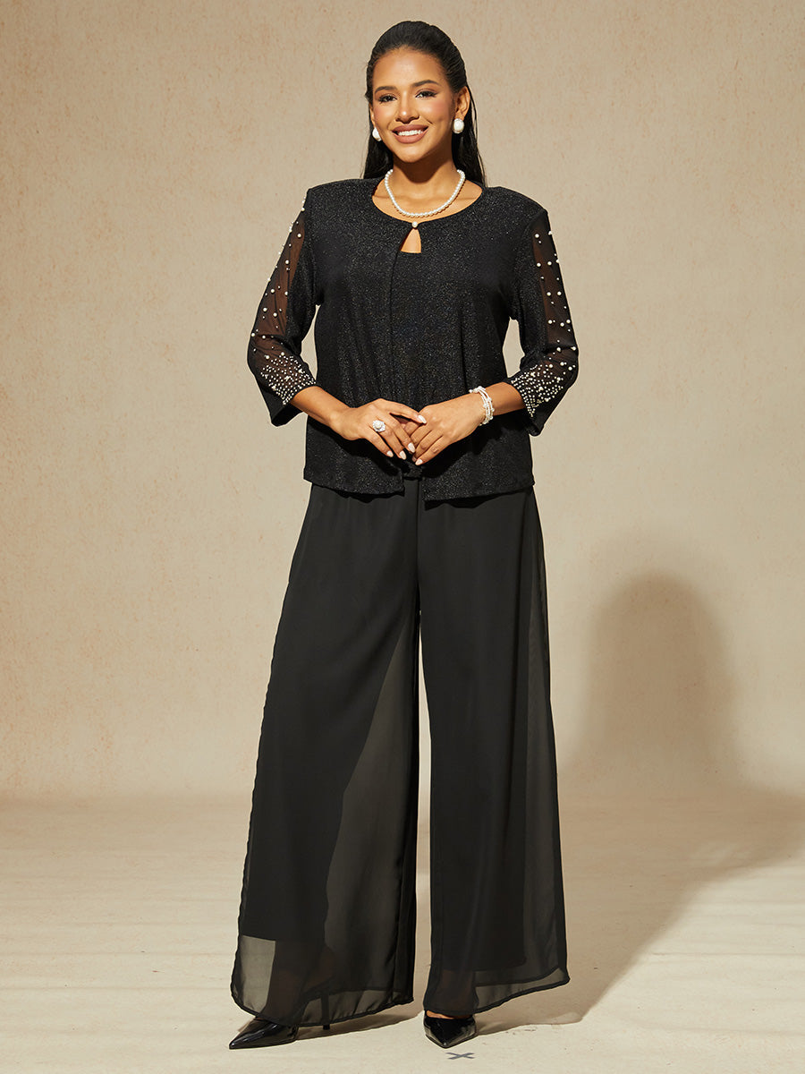 Beaded 3/4 Sleeve Metallic Knit Blouse And Pant Suits