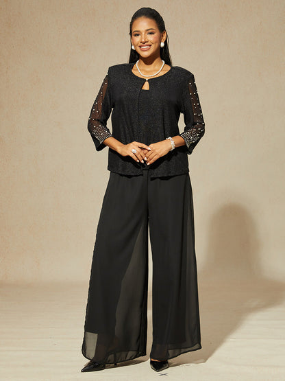 Beaded 3/4 Sleeve Metallic Knit Blouse And Pant Suits