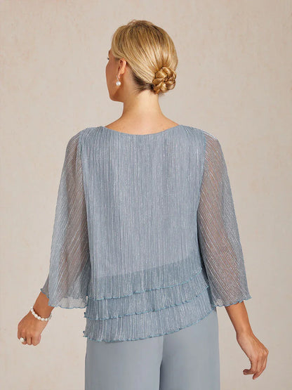 Metallic Pleated Chiffon Asymmetrical Layered Blouse
