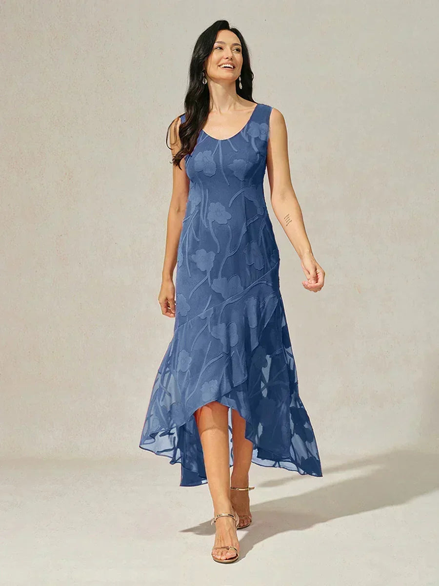 Navy Floral Chiffon Evening Gown Sleeveless A-Line Dress with Asymmetrical Hem for Weddings Formal Events msglamor Navy Floral Chiffon Evening Gown Sleeveless A-Line Dress with Asymmetrical Hem for Weddings Formal Events msglamor
