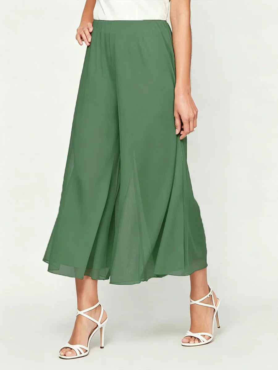 Cropped Length Straight Leg Pant With Chiffon Split Leg Overlay