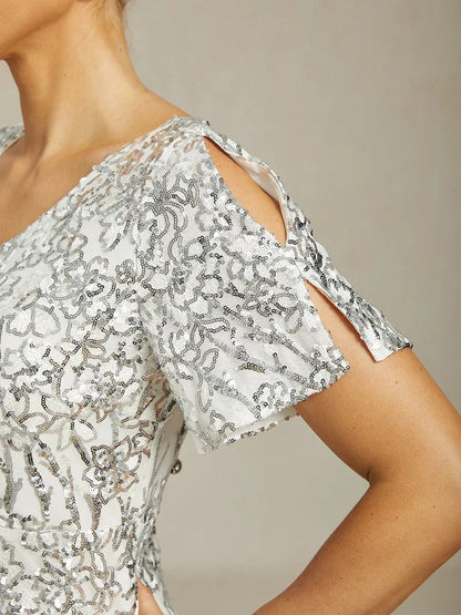 優雅V領露肩亮片洋裝