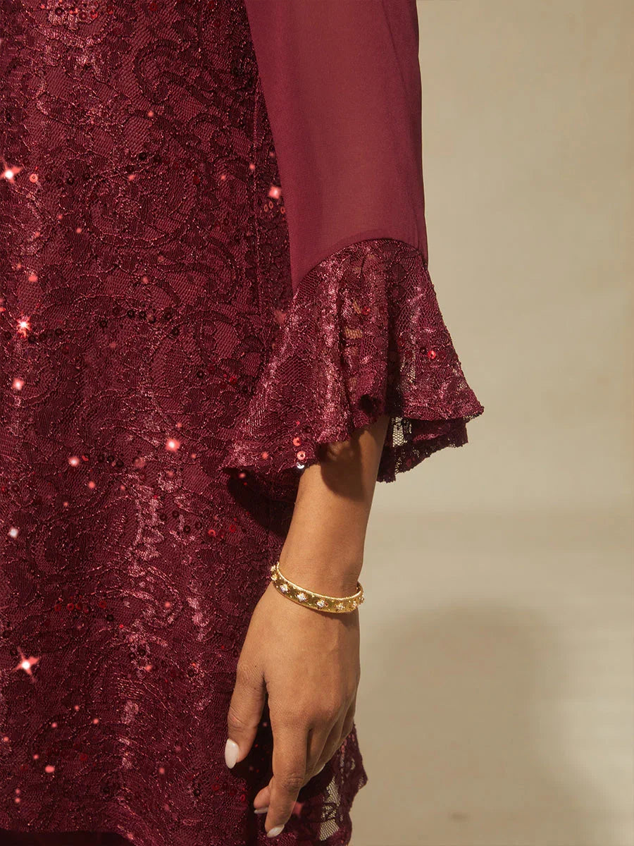 Lace Sequin Tunic Top with Ruffled Sleeves