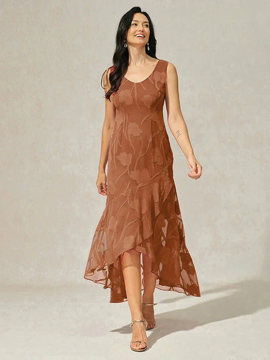 Floral Chiffon Sleeveless Evening Gown with Asymmetrical Hem