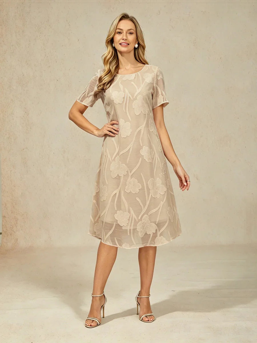 Women's Flowy Chiffon Knee Length Dresses Sage Green Olive Red Sheer Floral A Line Crew Neck Loose Fit Elegant Semi Formal, Mink / L