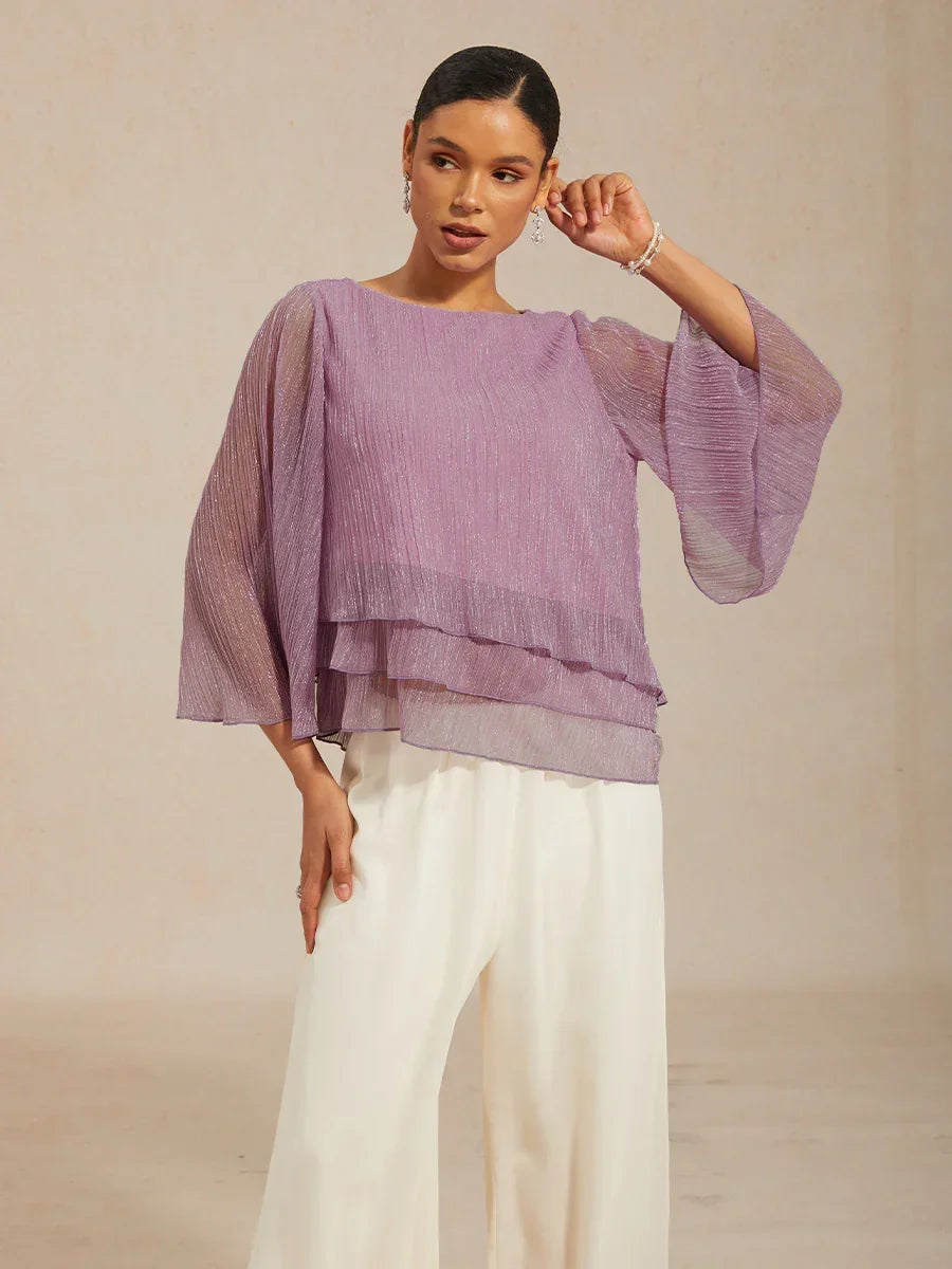 Chiffon Asymmetrical Layered Blouse And Pant Suits