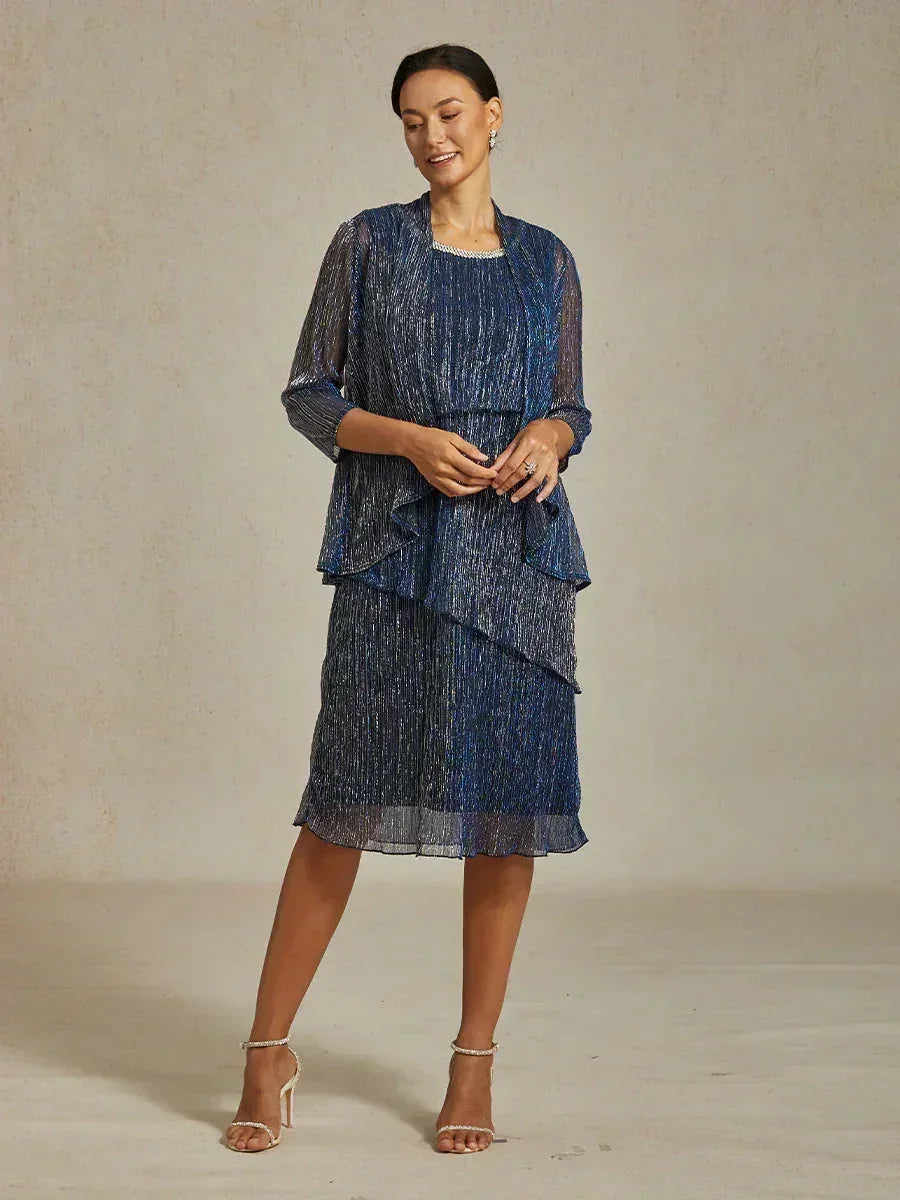 Metallic Pleated Chiffon Long Jacket Dress