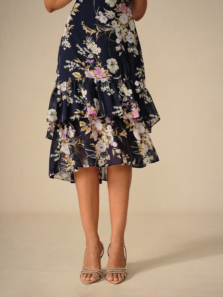 Floral Chiffon V Neck Ruffle Midi Dress