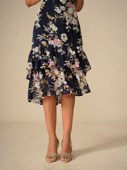 Floral Chiffon V Neck Ruffle Midi Dress