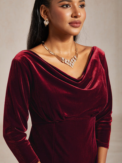 High-Stretch Velvet Sleeveless Midi Dress with Cowl Neck