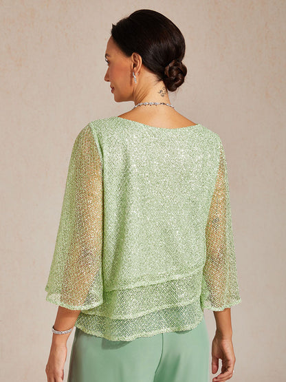 Haut Superposé en Mesh à Manches Cloche et Sequins
