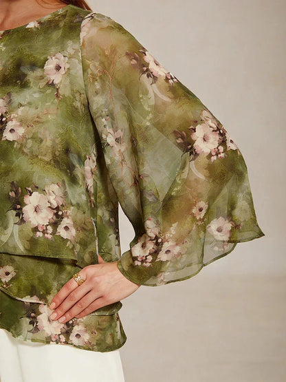 Lace Chiffon Layered Blouse with Floral Print