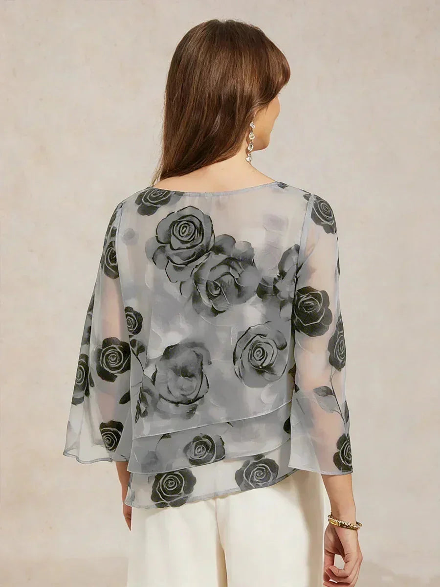 Lace Chiffon Layered Blouse with Floral Print