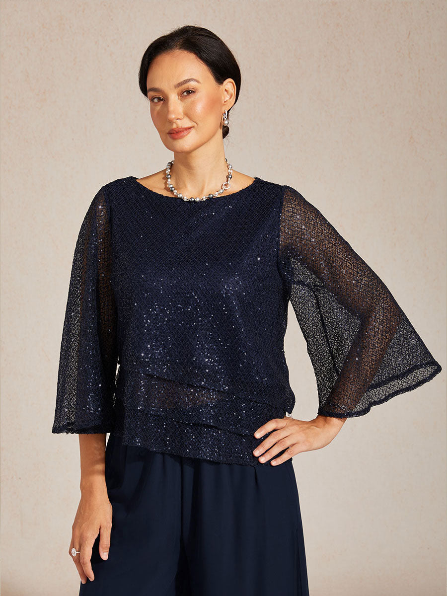 Bell Sleeves Mesh Sequin Layered Top