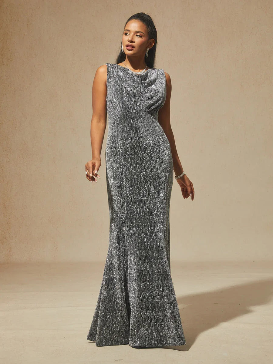 High-Stretch Velvet Sleeveless Midi Dress with Cowl Neck