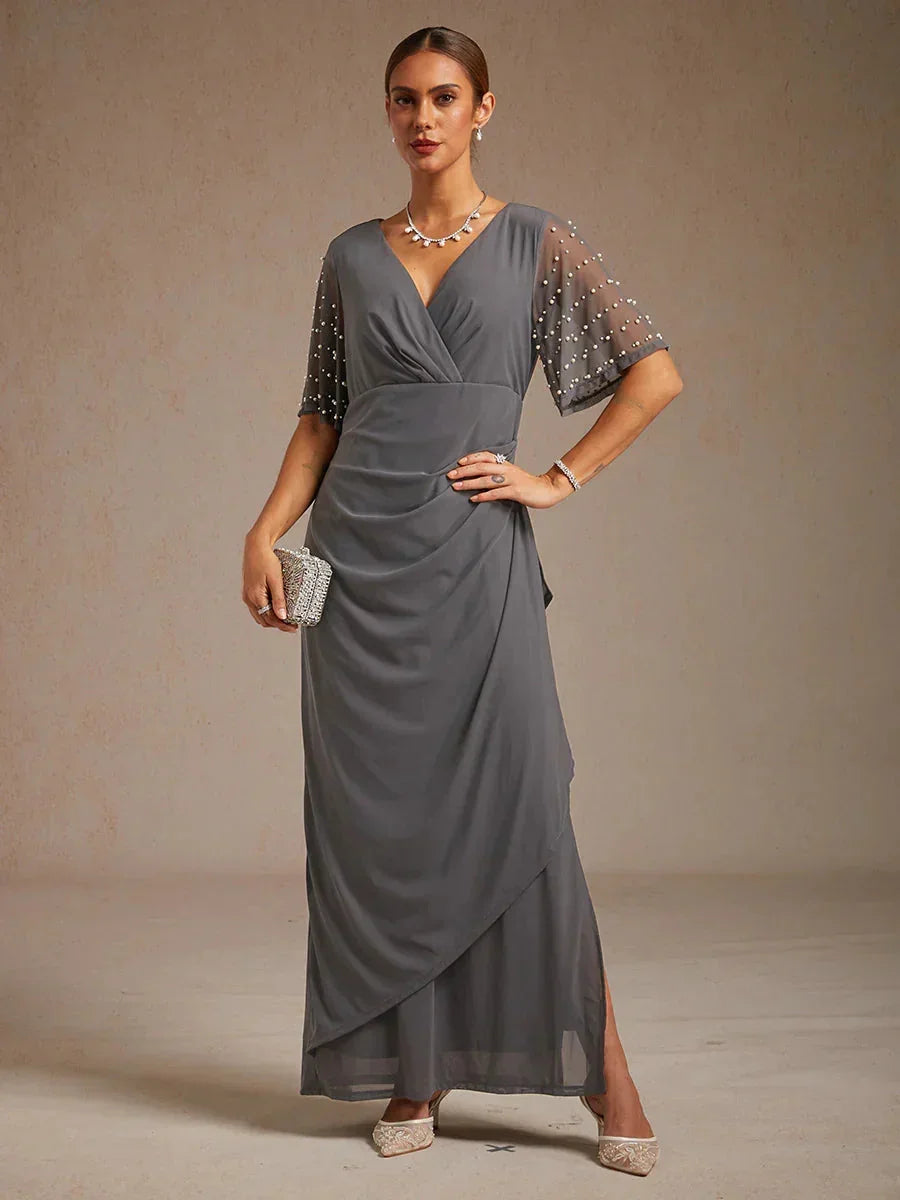 Elegant Long Evening Dresses Navy Blue Black Red Maxi Gown V Neck Asymmetric Short Sleeve Formal Glamorous Modest Classic Over 50, Gray / L