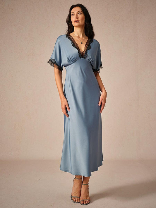 Satin-Lace-Trim-V-Neck-Dusty-Blue-Dress-Blue-S16484428