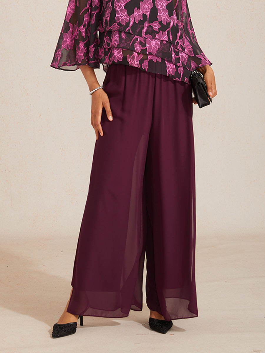 Pantaloni a gamba dritta con sovrapposizione in chiffon e spacco laterale