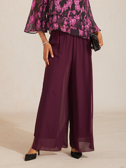 Pantaloni a gamba dritta con sovrapposizione in chiffon e spacco laterale