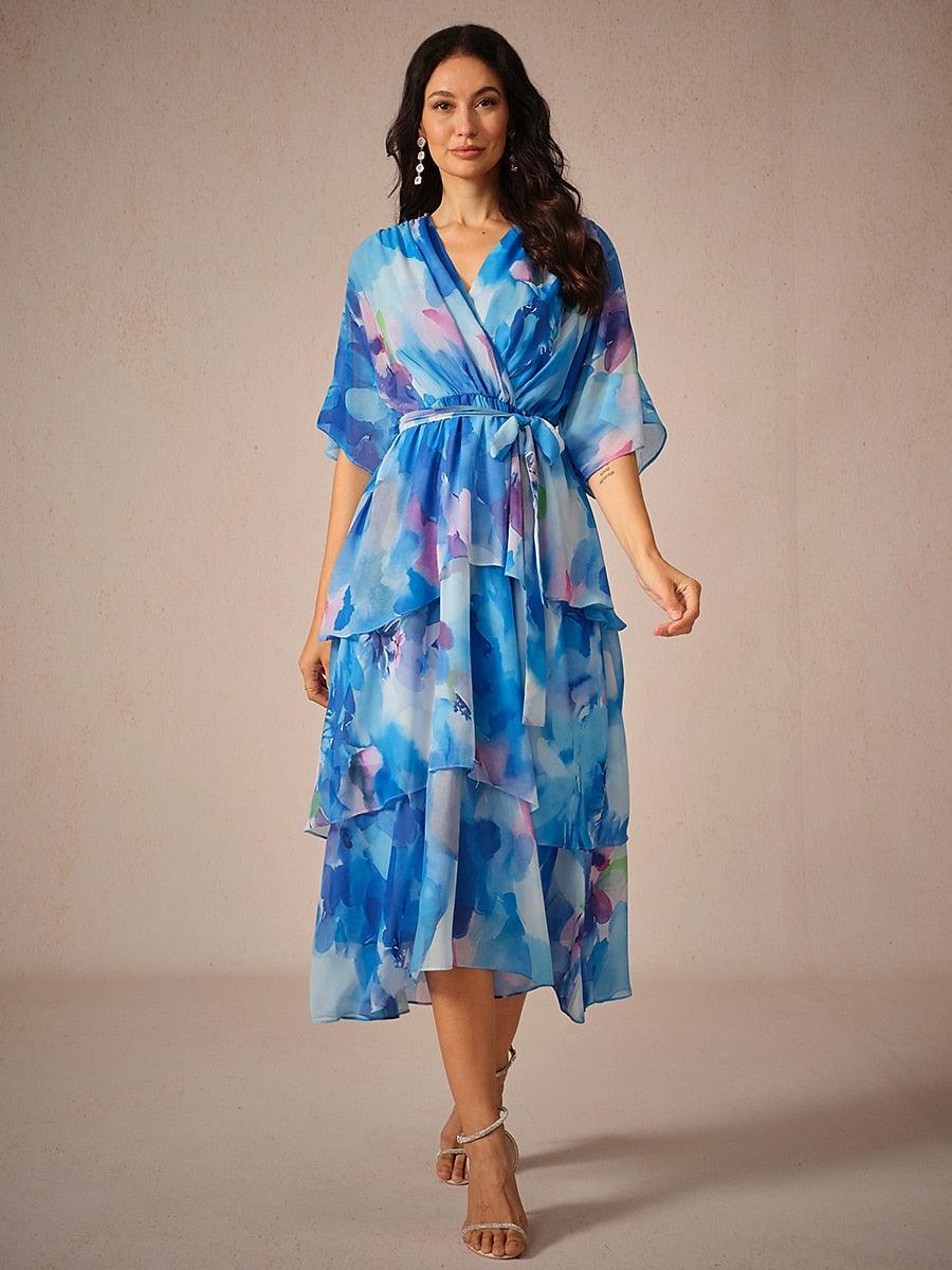 Chiffon Layered Ruffle V Neck Tye Dye Dress-S13258899
