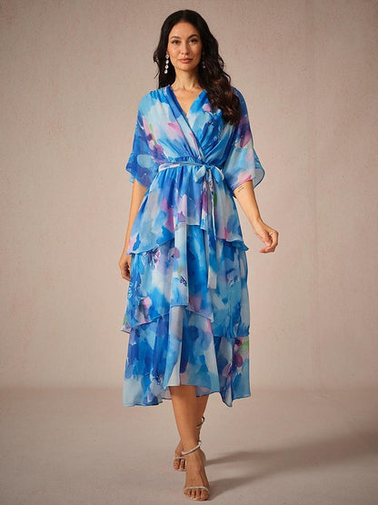 Chiffon Layered Ruffle V Neck Tye Dye Dress-S13258899