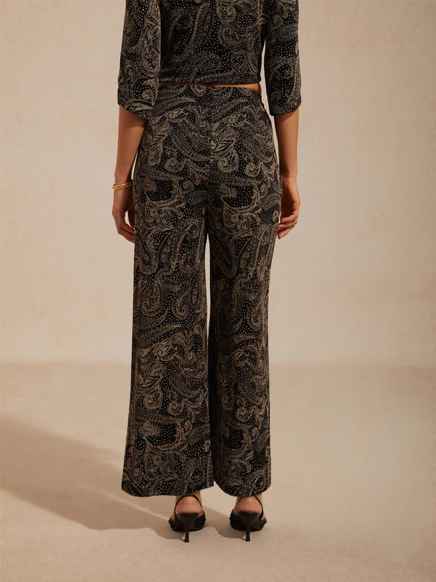 Paisley Straight Leg Knit Pants with Subtle Sequin Detail