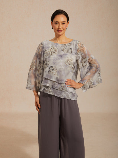 Blouse en Chiffon à Volants Superposés avec Imprimé Floral