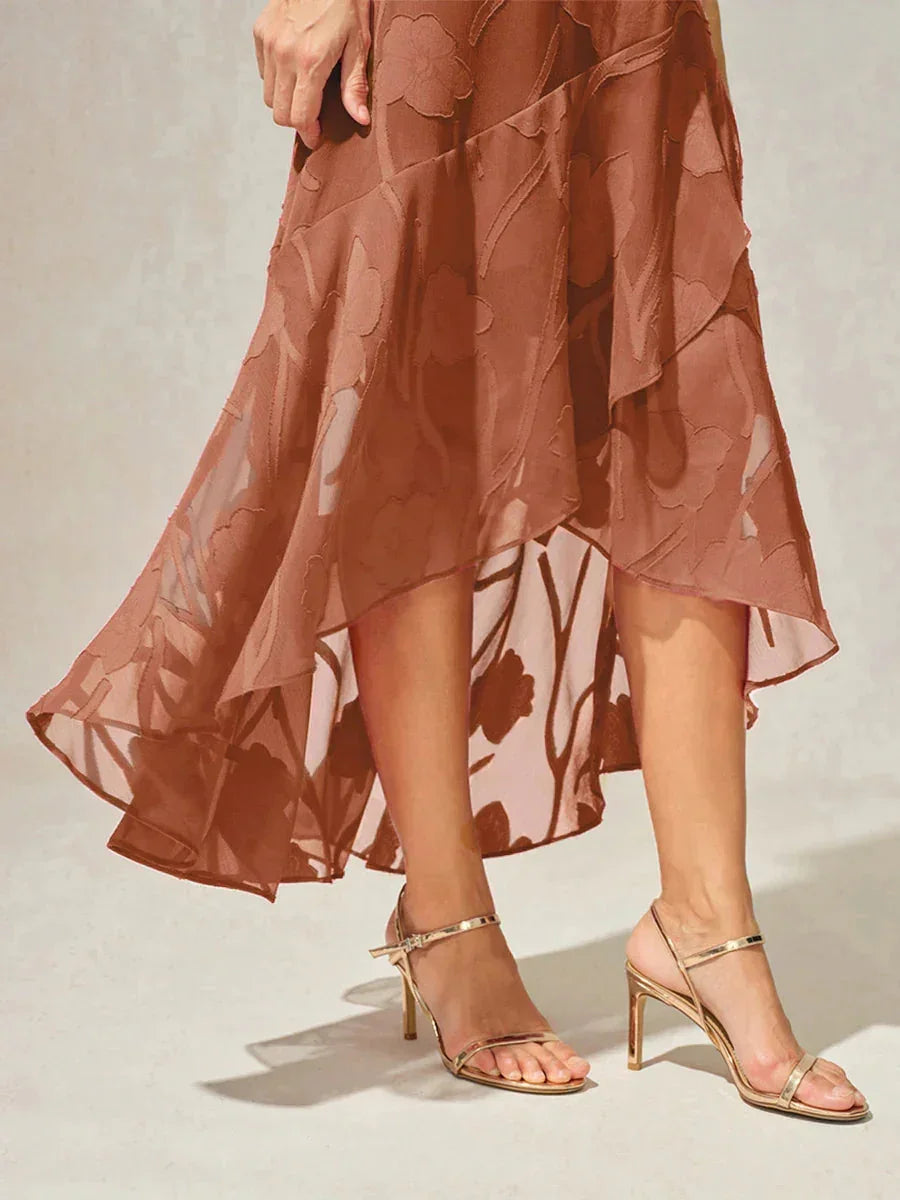 Bloemen Chiffon Avondjurk met Asymmetrische Zoom