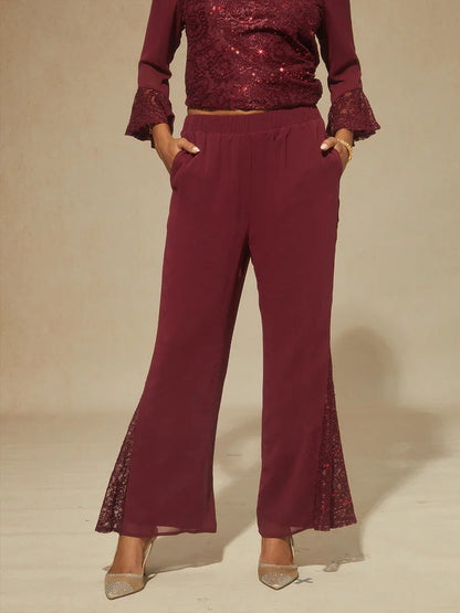 Mid-rise Chiffon Flared Pants with Lace Trim