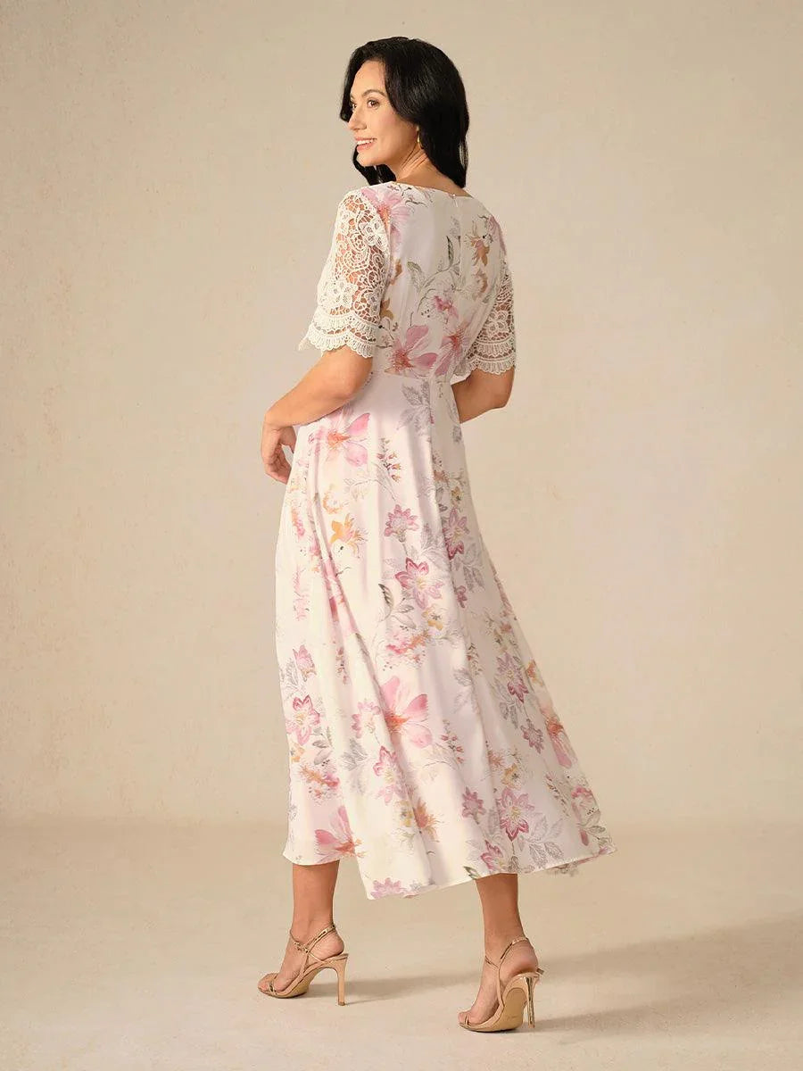 Floral Chiffon A-Line Dress with Lace Sleeves