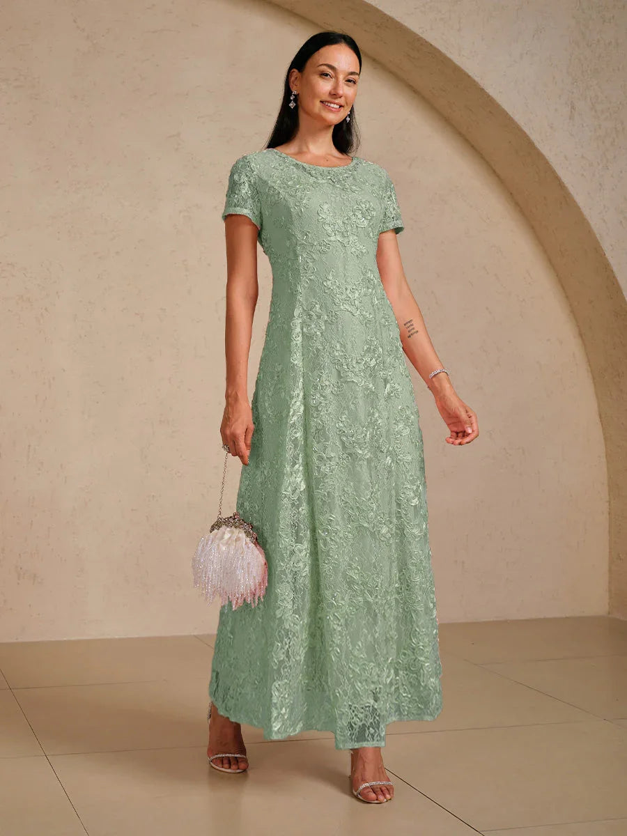 Rosette Lace A-Line Gown with Sequin Embellishment