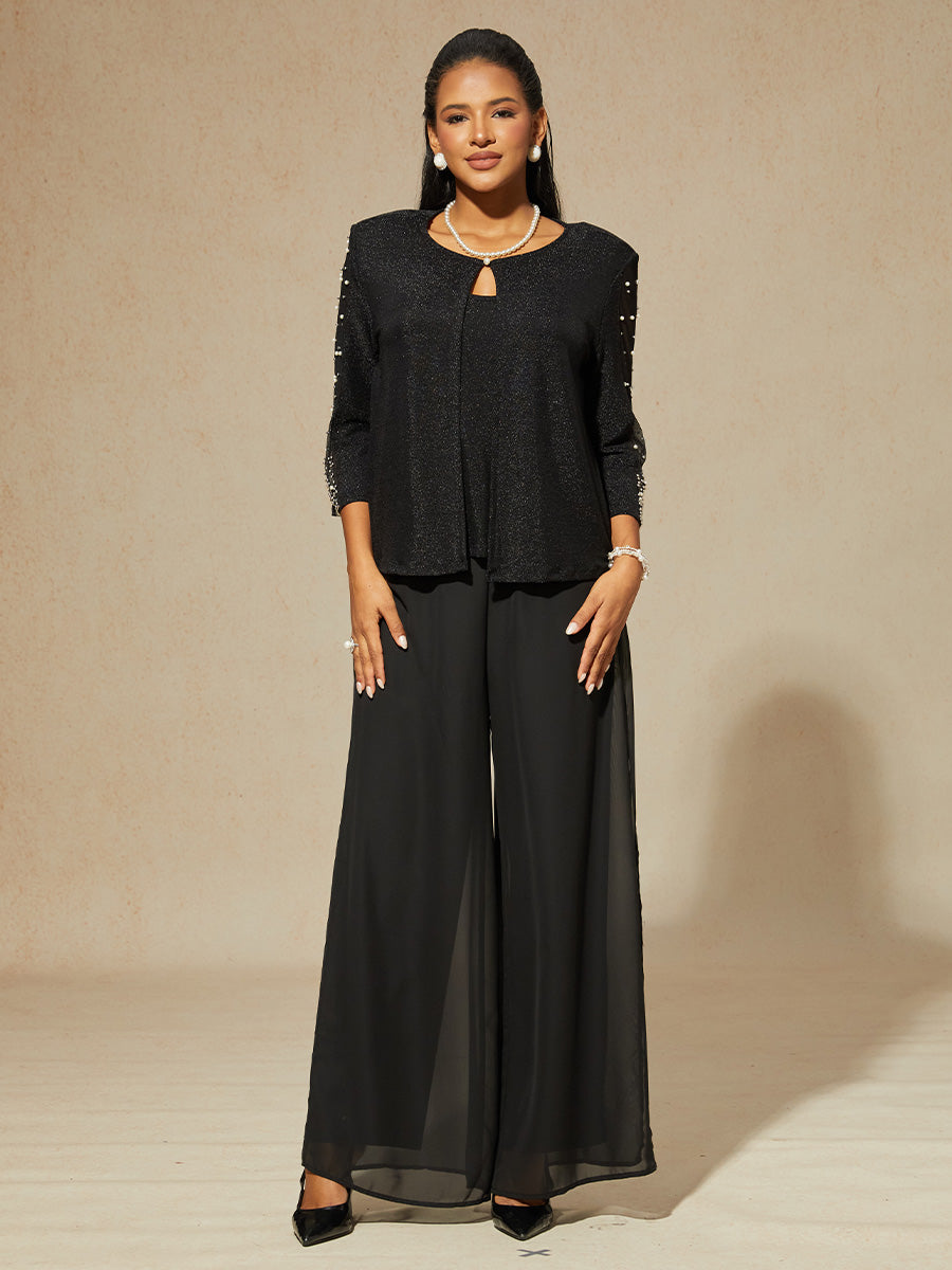 Beaded 3/4 Sleeve Metallic Knit Blouse And Pant Suits