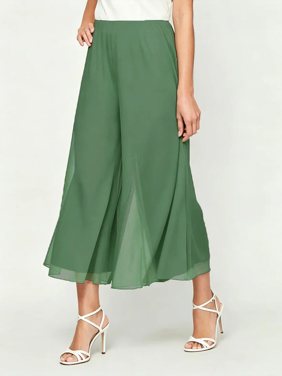 Cropped Length Straight Leg Pant With Chiffon Split Leg Overlay