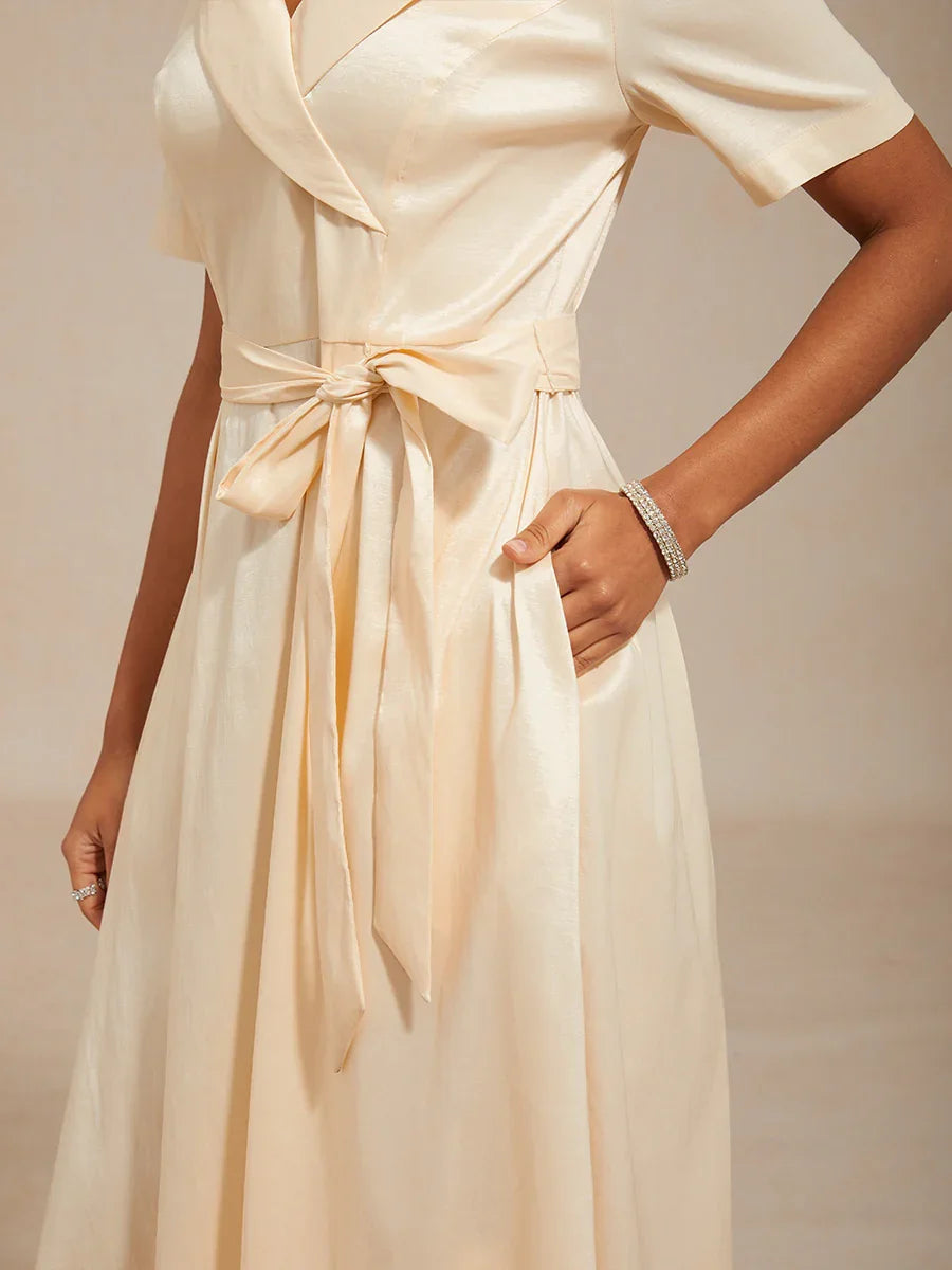 Robe en Taffetas Extensible à Col avec Ceinture Nouée à la Taille