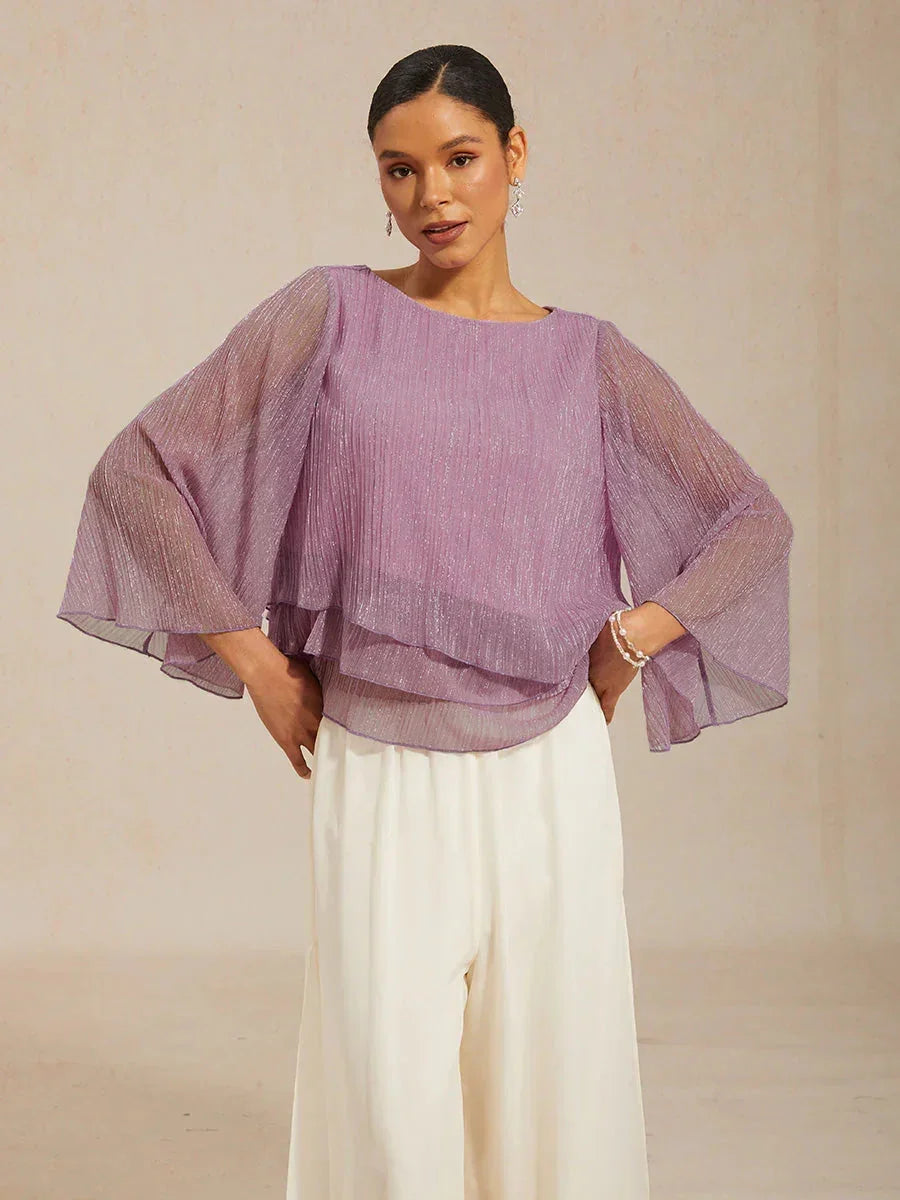 Metallic Pleated Chiffon Asymmetrical Layered Blouse