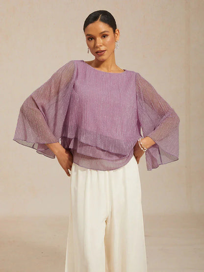 Metallic Pleated Chiffon Asymmetrical Layered Blouse
