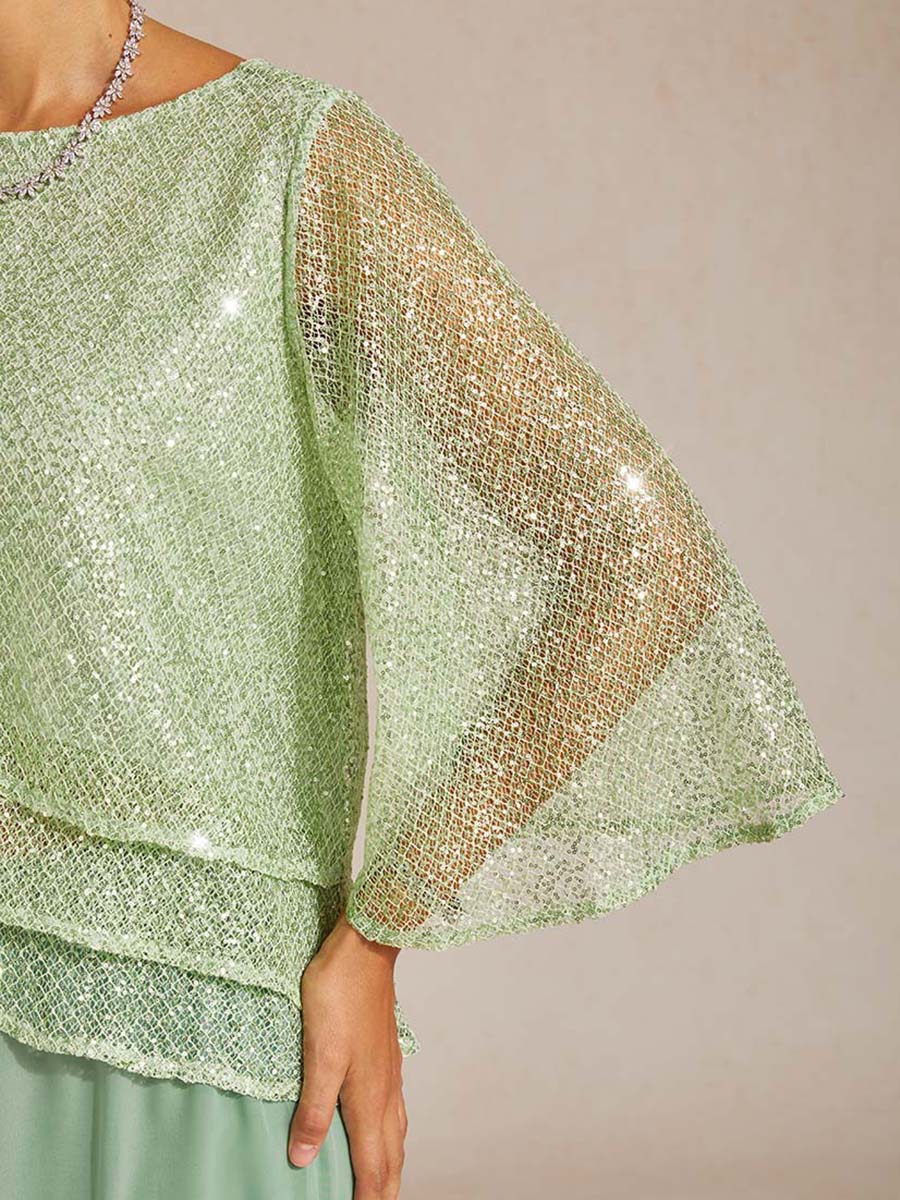 Haut Superposé en Mesh à Manches Cloche et Sequins