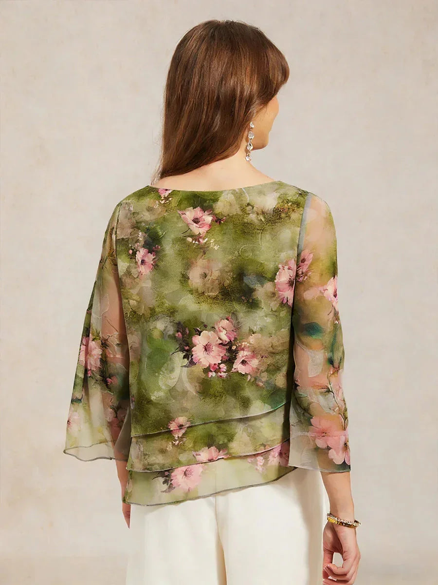 Lace Chiffon Layered Blouse with Floral Print