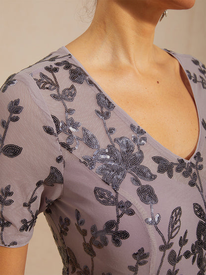 Floral Sequin Stretch Mesh Short Sleeve Dress