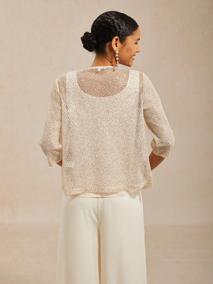 Twinset aus Pailletten-Mesh mit Rundhals und 3/4-Ärmeln